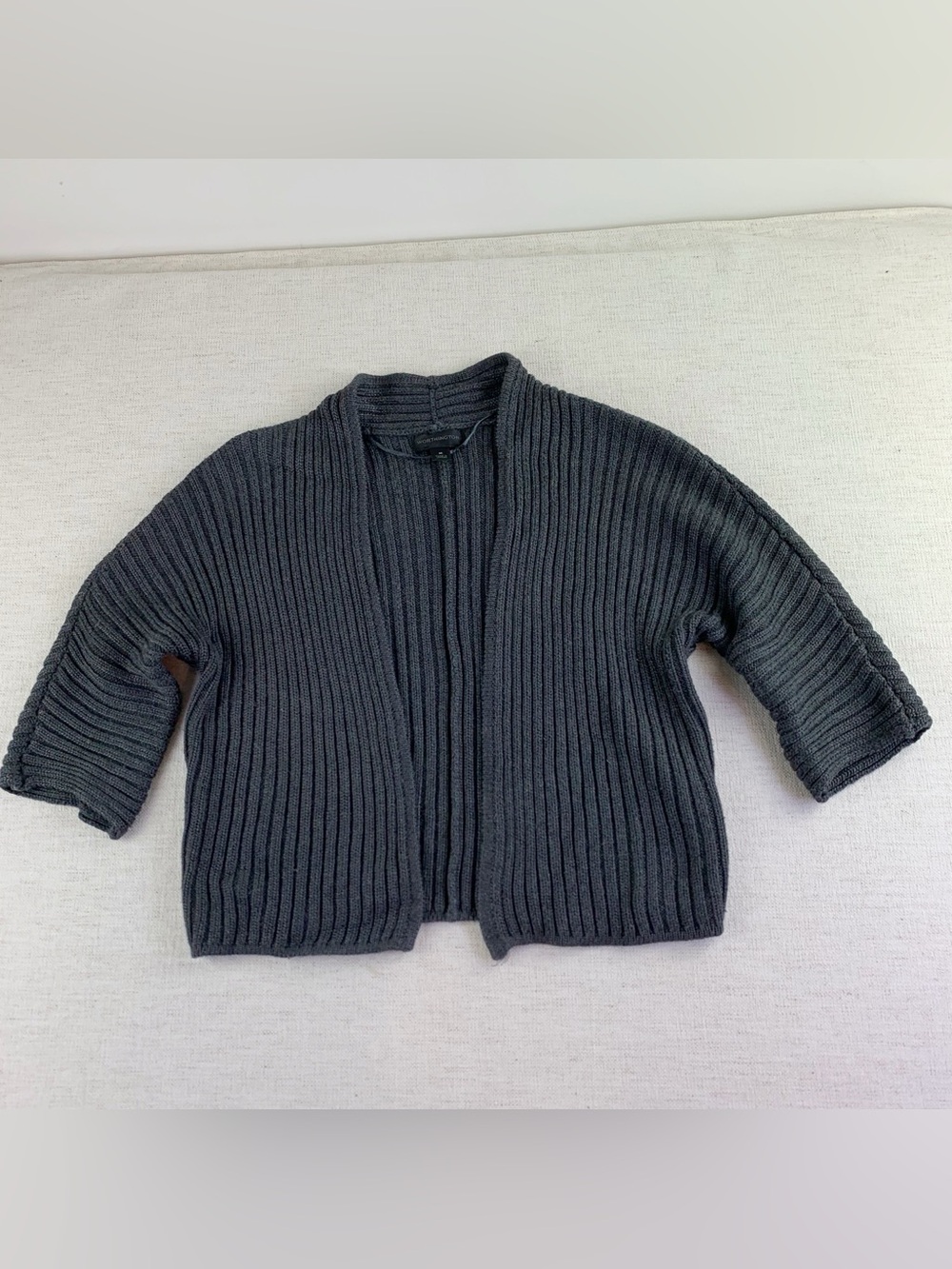 Worthington women's Ribbed Open-Front cropped Sweater Cardigan half sleeve gray